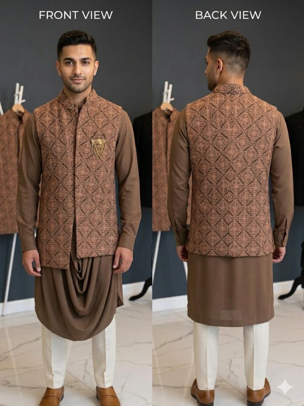 Brown Ethnic Printed Nehru Jacket with Kurta